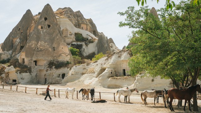 トルコのカッパドキアの岩山と洞窟住宅